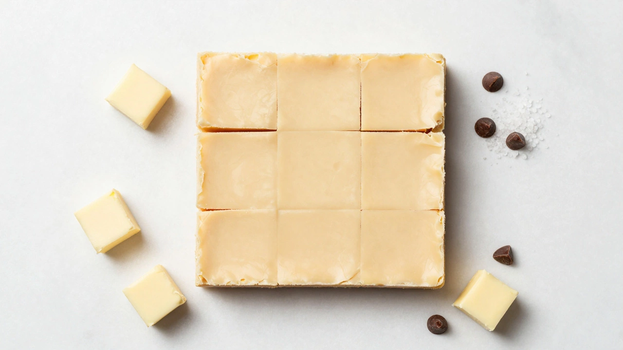 Squares of smooth, creamy rescued fudge on a marble surface