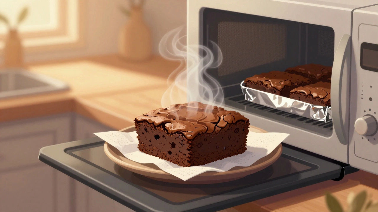 Stale brownies being revived with steam from a wet paper towel