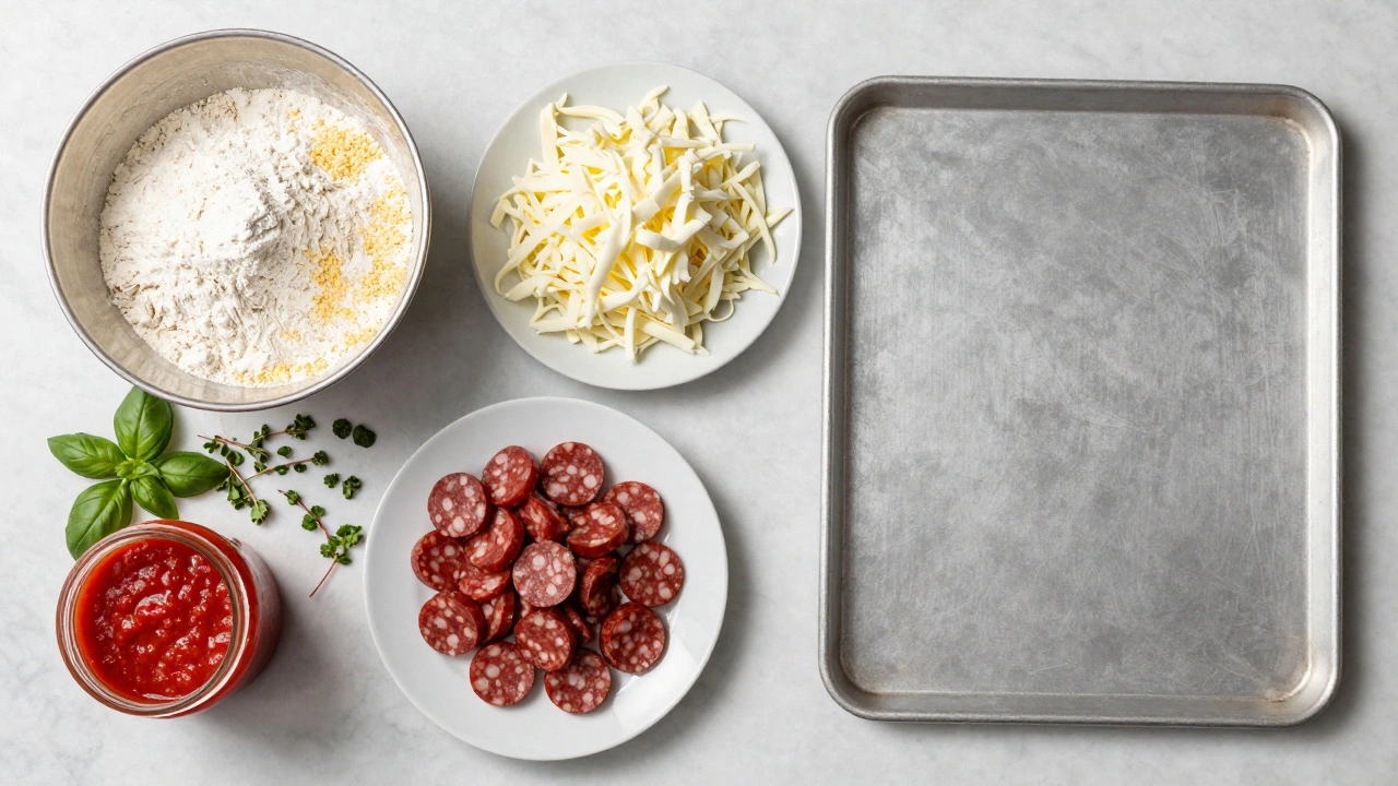 Top-down view of ingredients for making Chicago deep dish pizza, including dough, cheese, sausage, and sauce.
