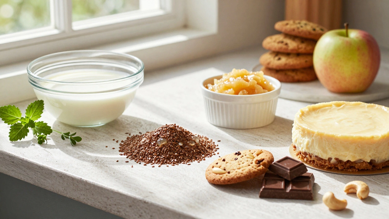 Vegan baking ingredients like coconut milk, flax eggs, and dark chocolate
