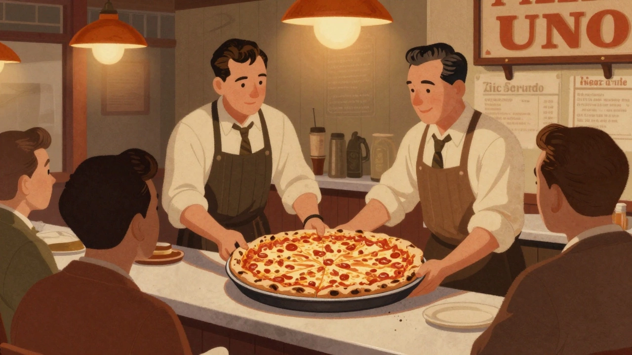 Vintage illustration of founders serving the first deep dish pizza at Pizzeria Uno in 1943.