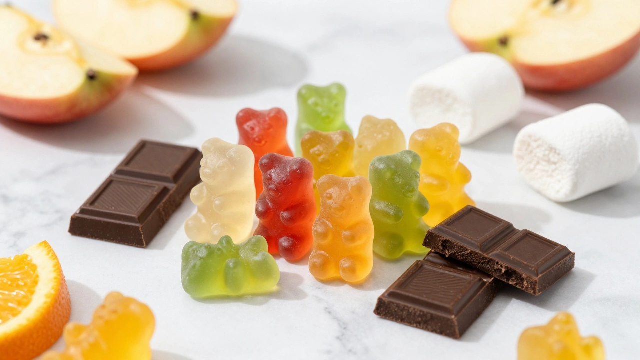 Assortment of vegan gummies, chocolate, and marshmallows