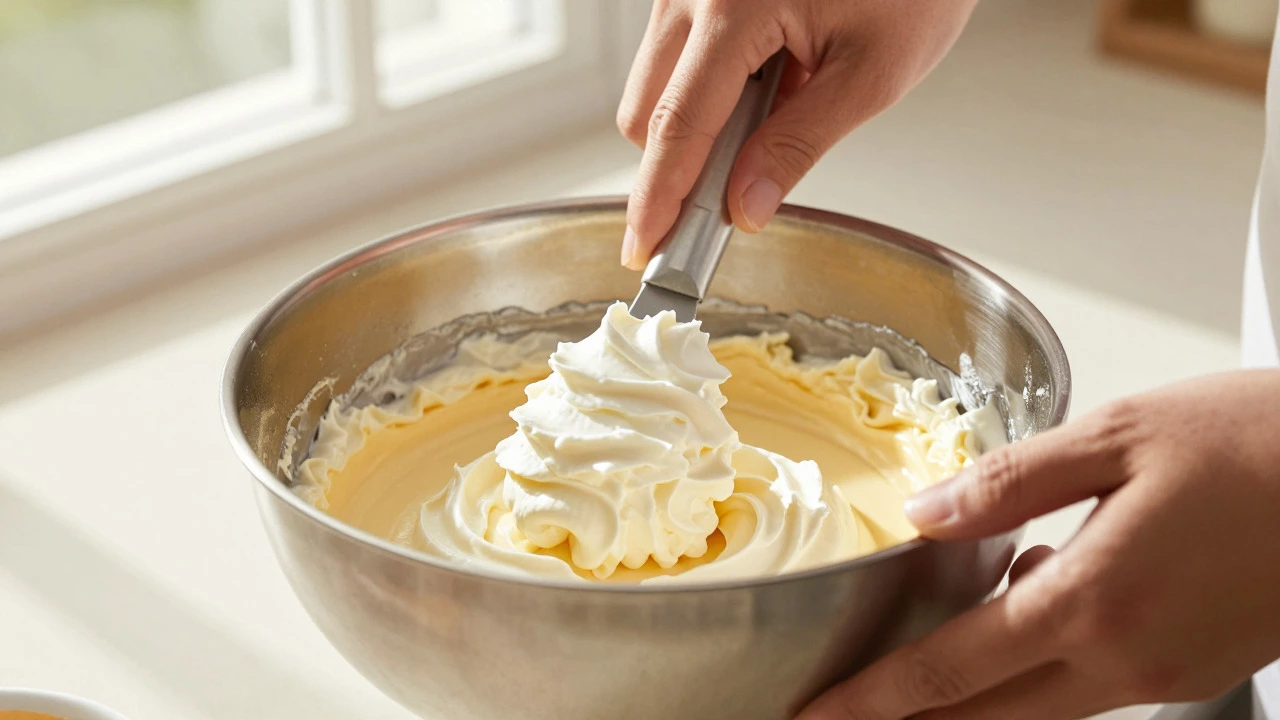 Baker folding whipped cream into cheesecake batter in a metal bowl