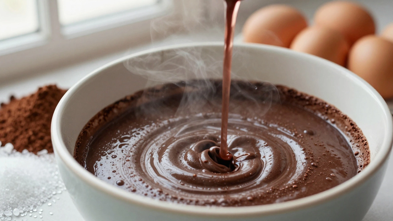 Boiling water poured into chocolate cake batter in a bowl