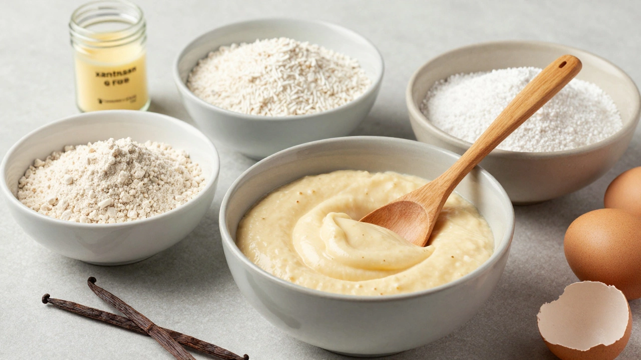 Bowls of gluten-free baking ingredients like almond and tapioca flour