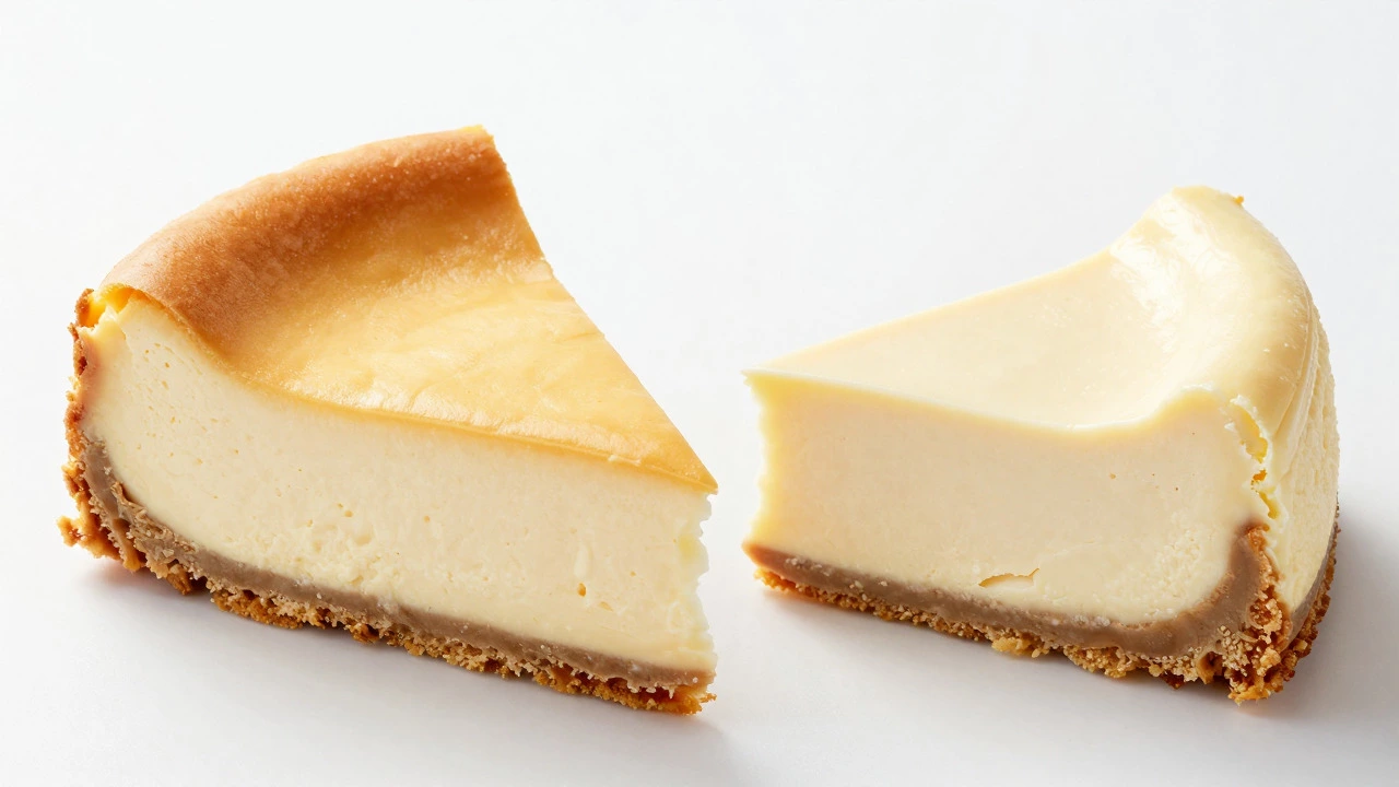 Comparison of dense vs watery cheesecake slices showing texture difference