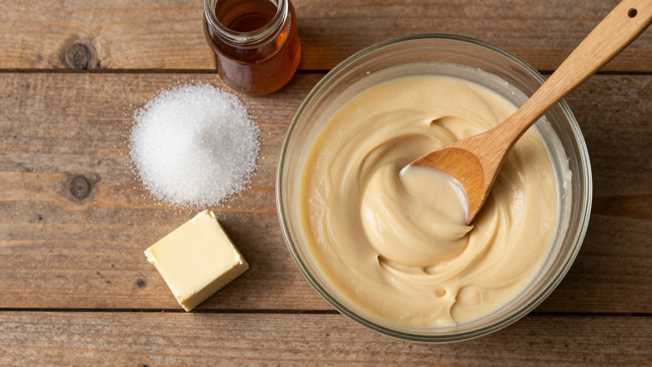 Creamy fudge mixture in a bowl with sugar and butter ingredients