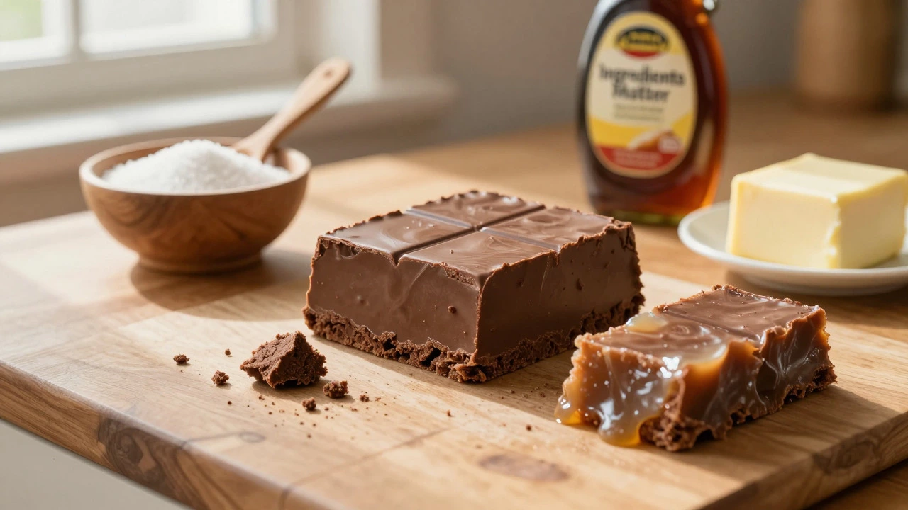 Finished fudge blocks alongside ingredients and failed batches on wood.