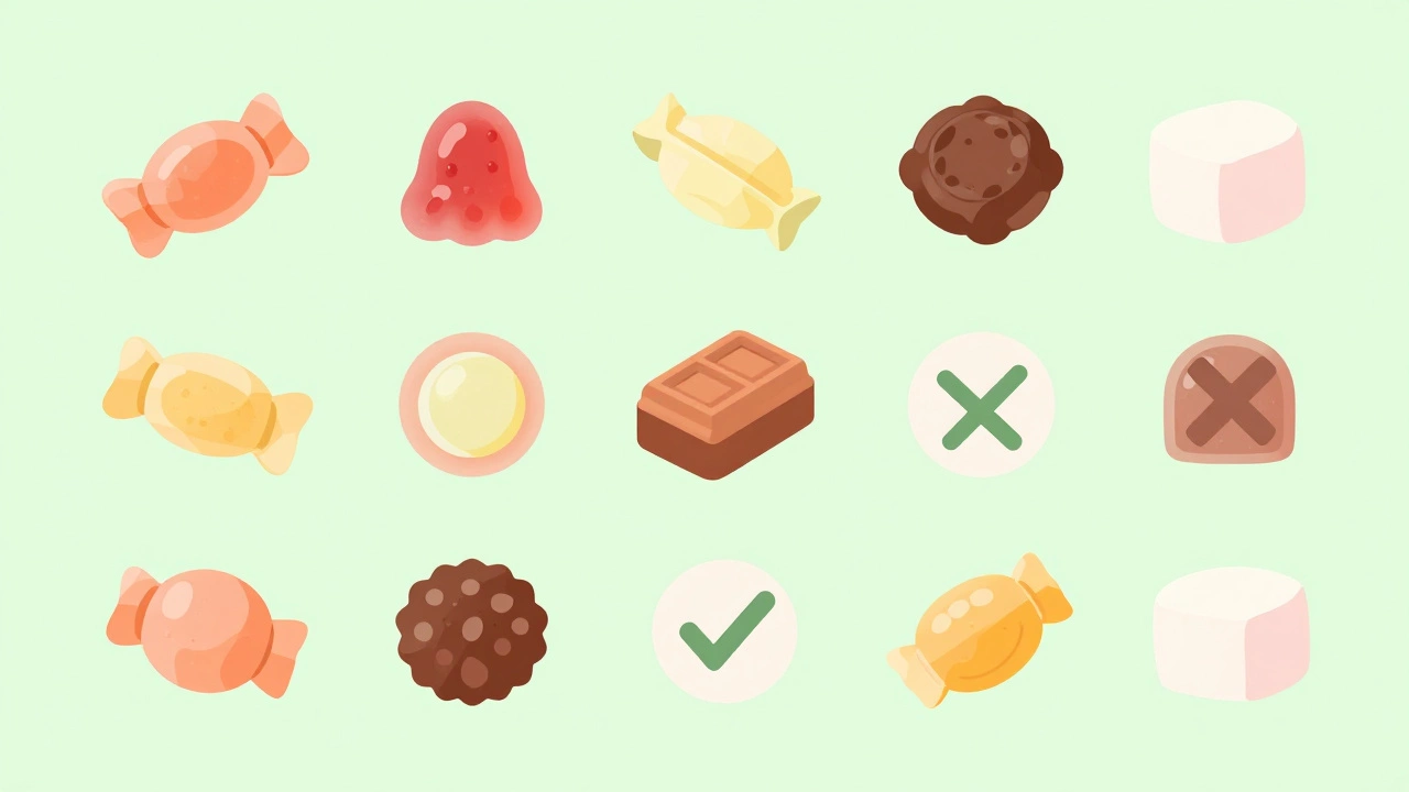 Flat lay of various candies with vegan indicators