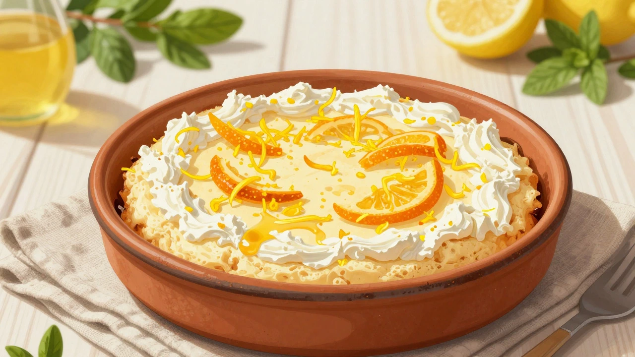 Light Italian ricotta cheesecake with lemon zest and honey on rustic table