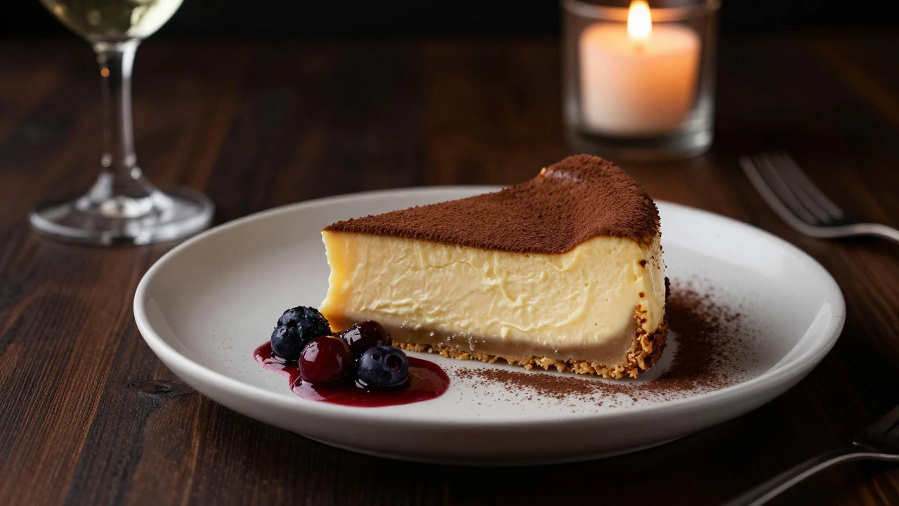 Luxurious mascarpone cheesecake with berry compote in moody lighting