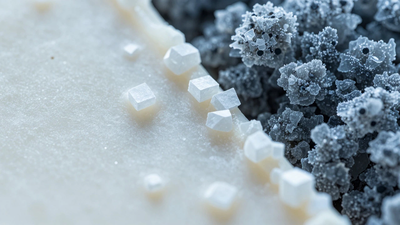 Macro view comparing smooth microscopic crystals to large gritty ones.