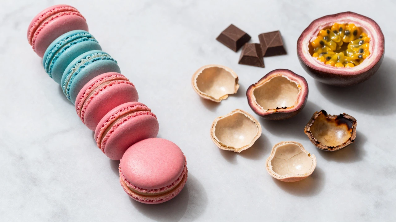 Perfect macarons next to rejected imperfect shells