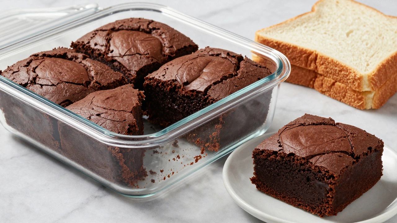 Perfectly fudgy brownies in an airtight container with bread