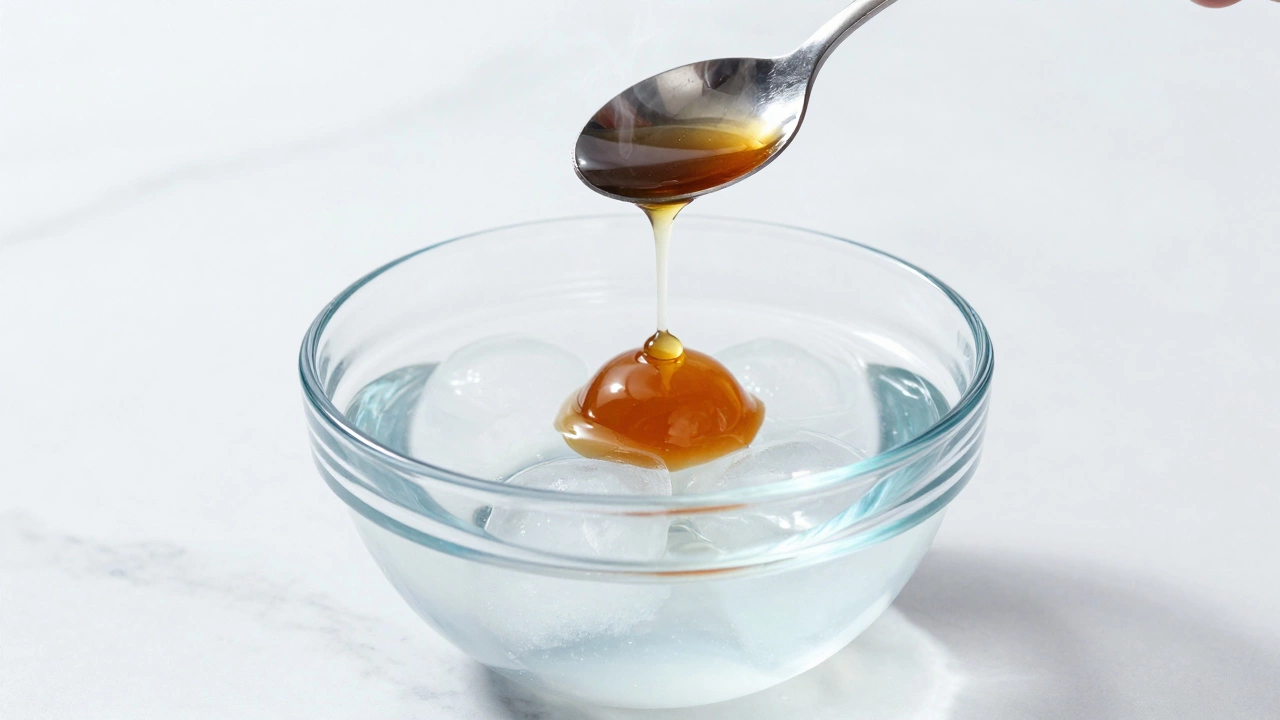 Sugar syrup forming a soft ball in ice water during cold test