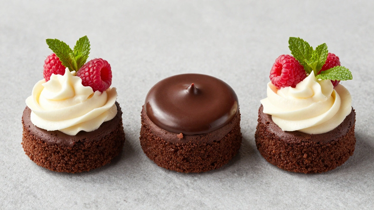 Three chocolate cake slices with different frostings