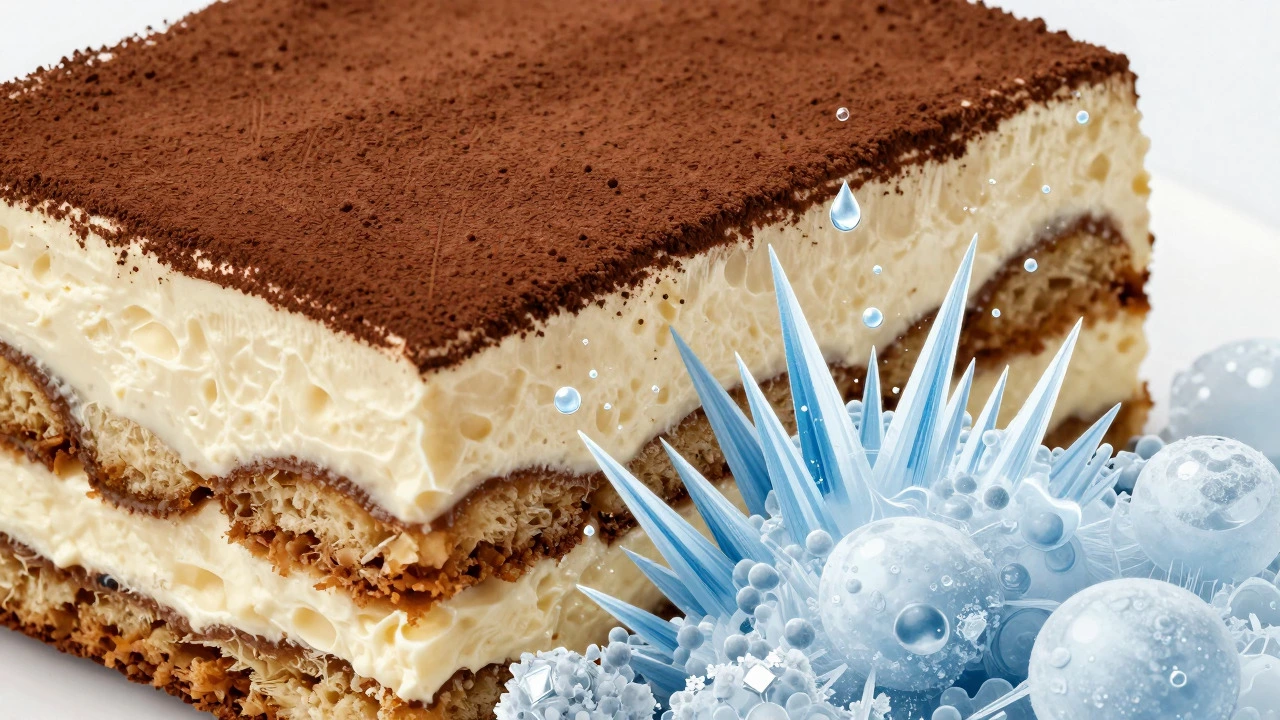Artistic depiction of ice crystals forming inside frozen tiramisu layers