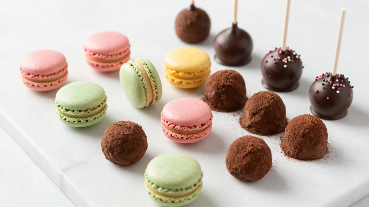 Assortment of colorful macarons, chocolate truffles, and cake pops on a table