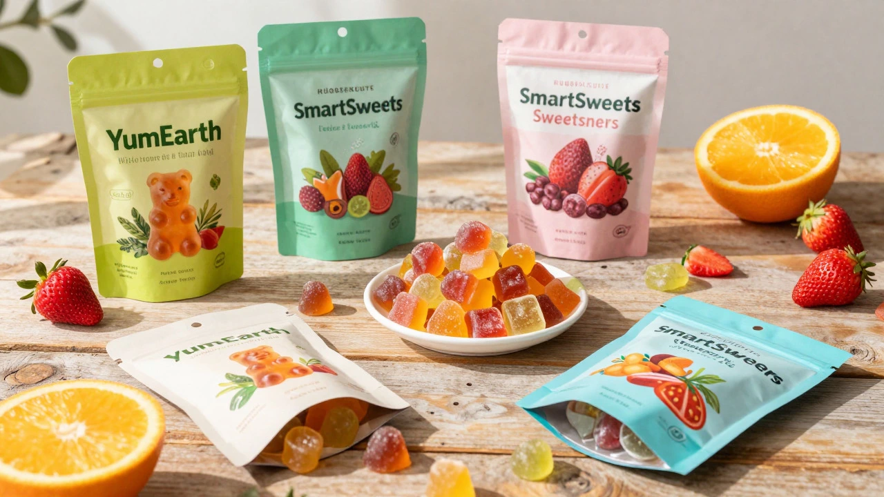 Assortment of vegan candy alternatives on a wooden table