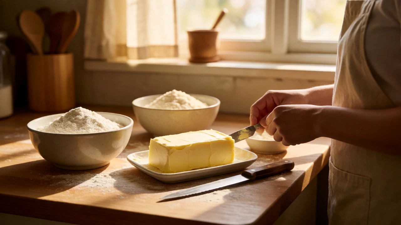 Baker preparing gluten-free cake ingredients with dedicated butter and tools