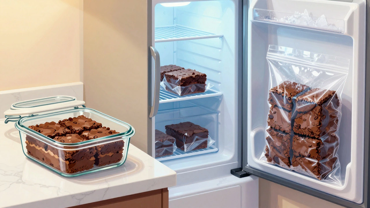 Brownies stored in a container, fridge, and freezer side-by-side