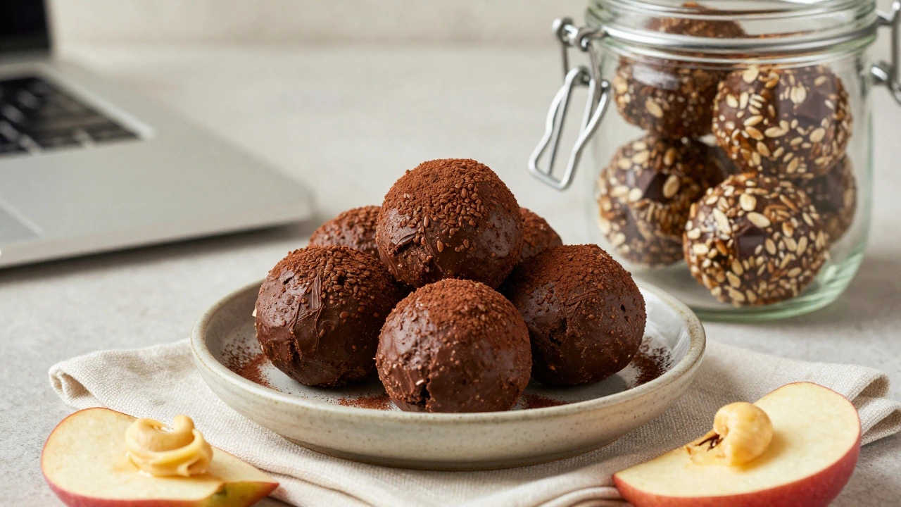 Chocolate cashew bites, energy balls, and an apple chip with almond butter