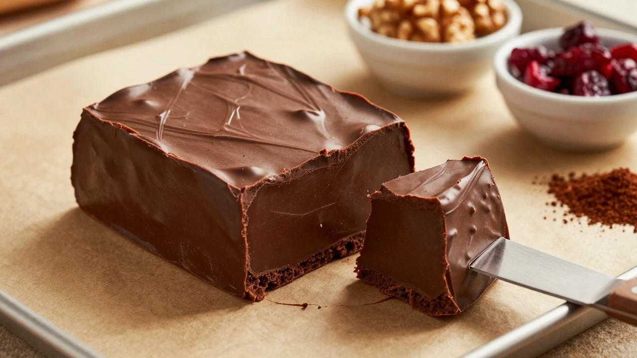Close-up of smooth chocolate fudge cut into squares with nuts and spices nearby