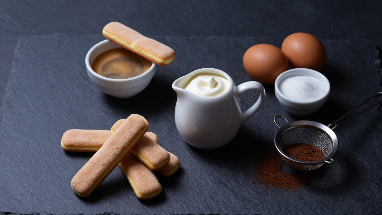Flat lay of mascarpone, coffee, and ladyfingers
