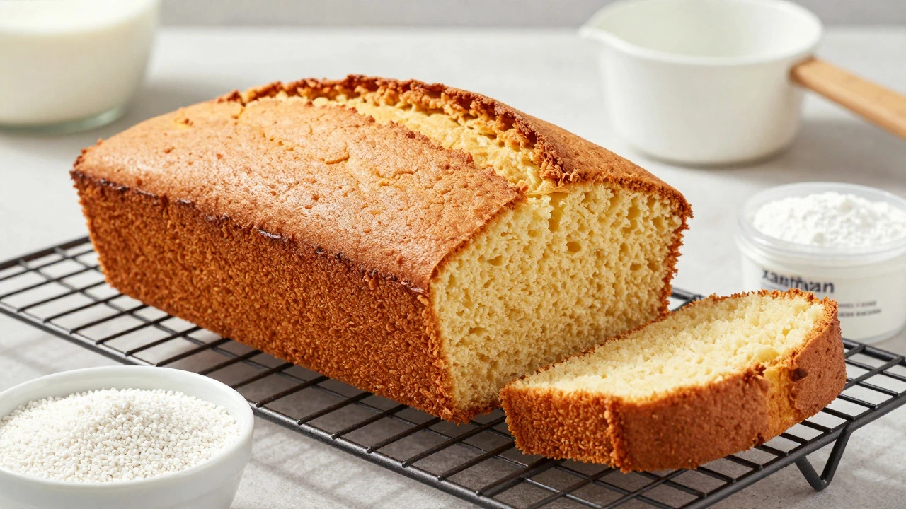 Freshly baked gluten-free cake with starches and xanthan gum nearby
