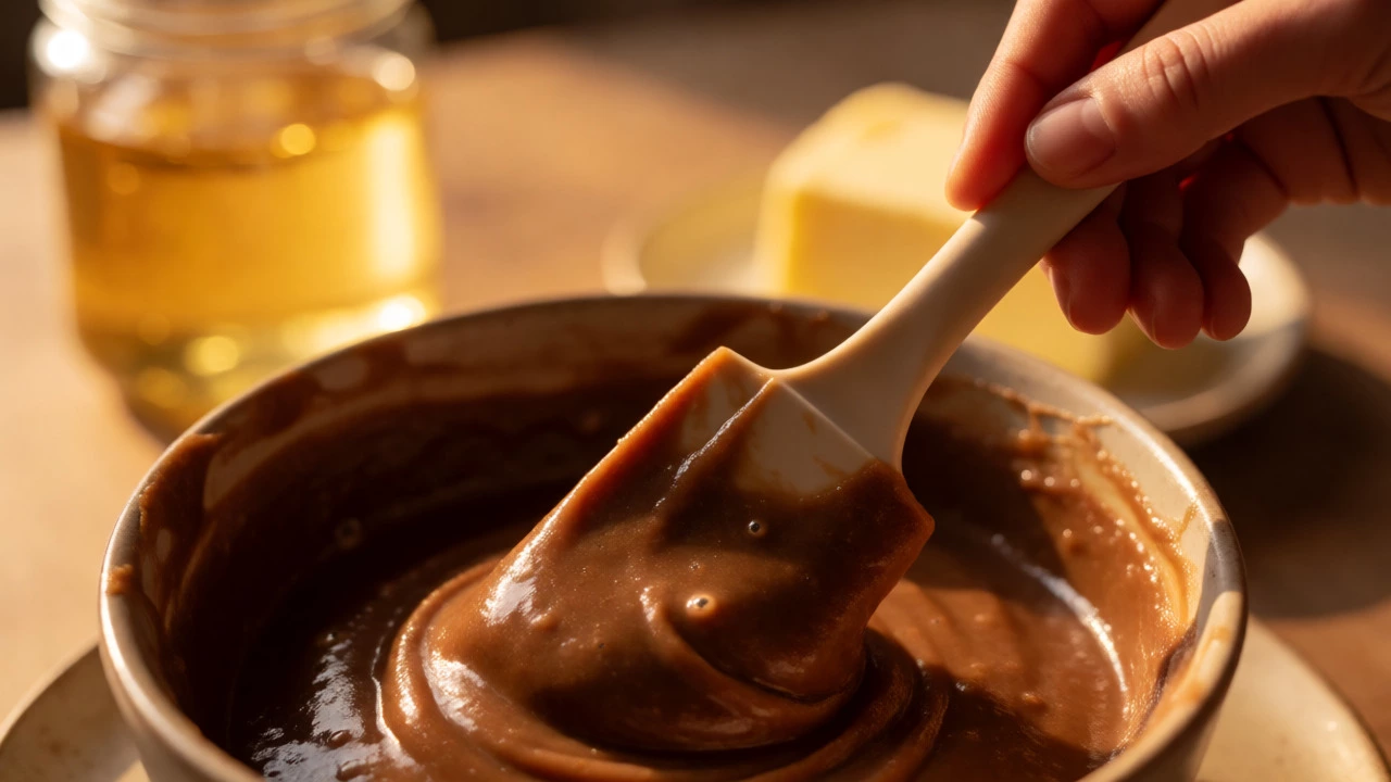 Hand beating matte fudge mixture with a spatula