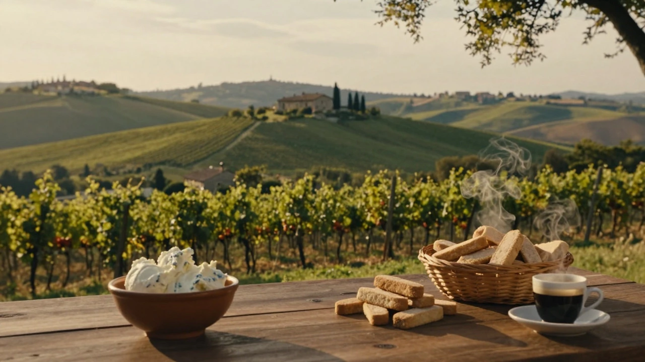 Italian countryside scene with tiramisu ingredients on table