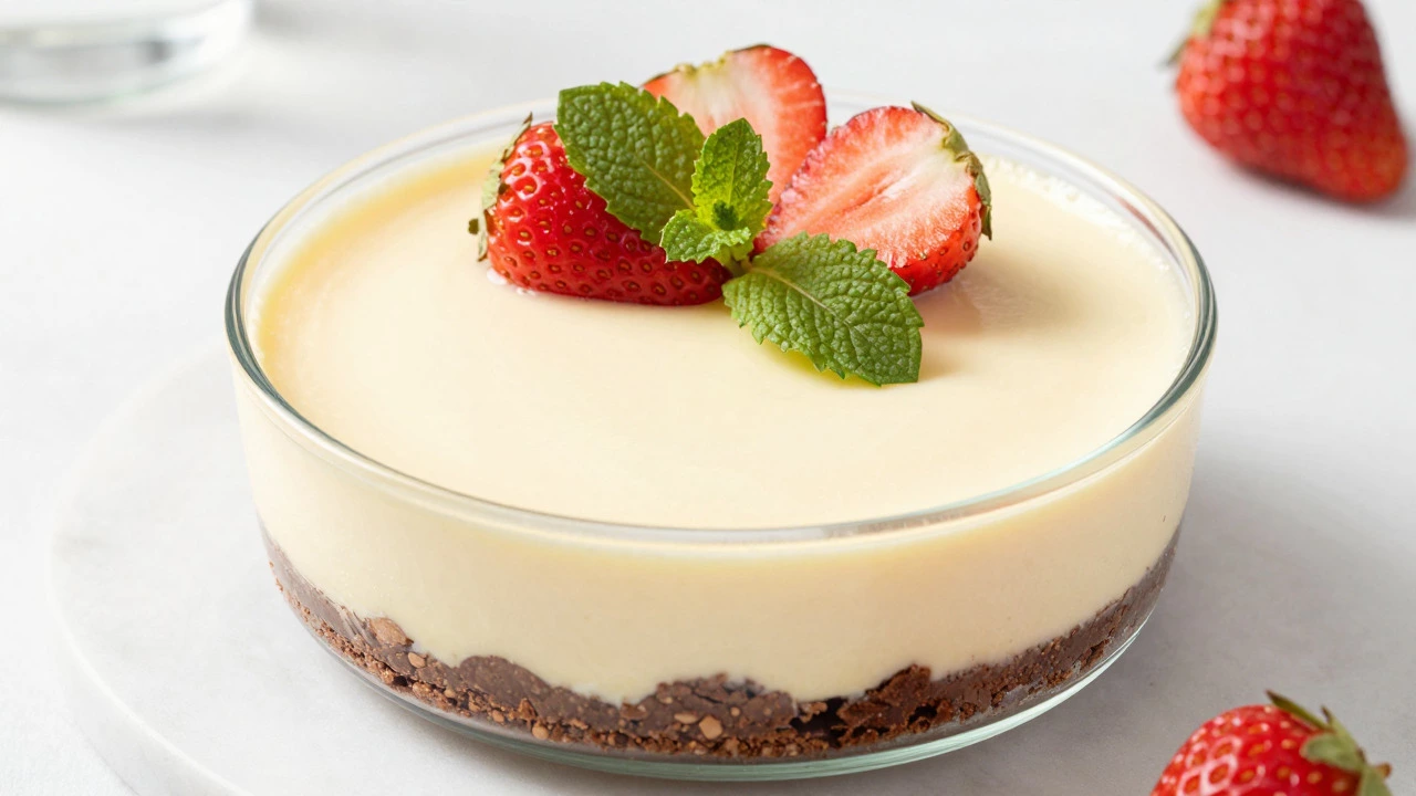 Light, airy no-bake cheesecake with fresh strawberries and mint topping