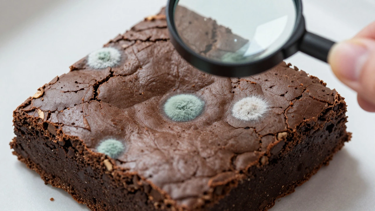 Macro shot of a stale brownie showing mold spots under inspection