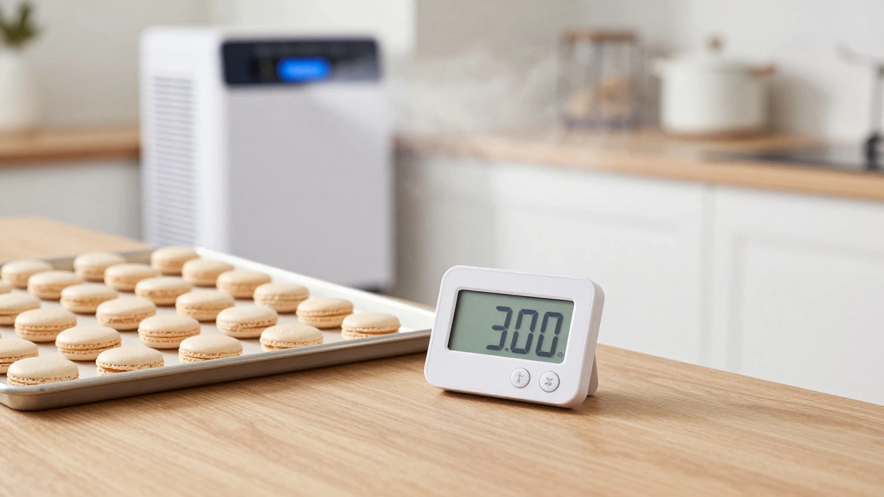 Piped macarons drying on a tray near a dehumidifier in a bright kitchen