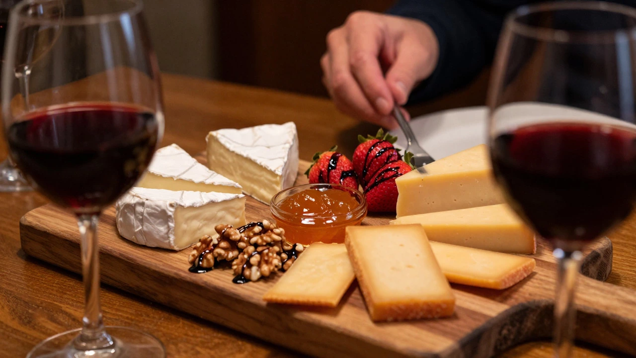 Rustic cheese board with crackers, nuts, and fruit served as a dessert alternative