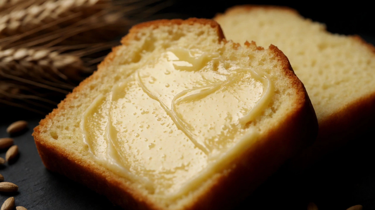 Slice of gluten-free cake being spread with melting butter