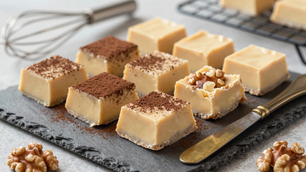 Squares of smooth, creamy fudge with nuts on a rustic slate serving board