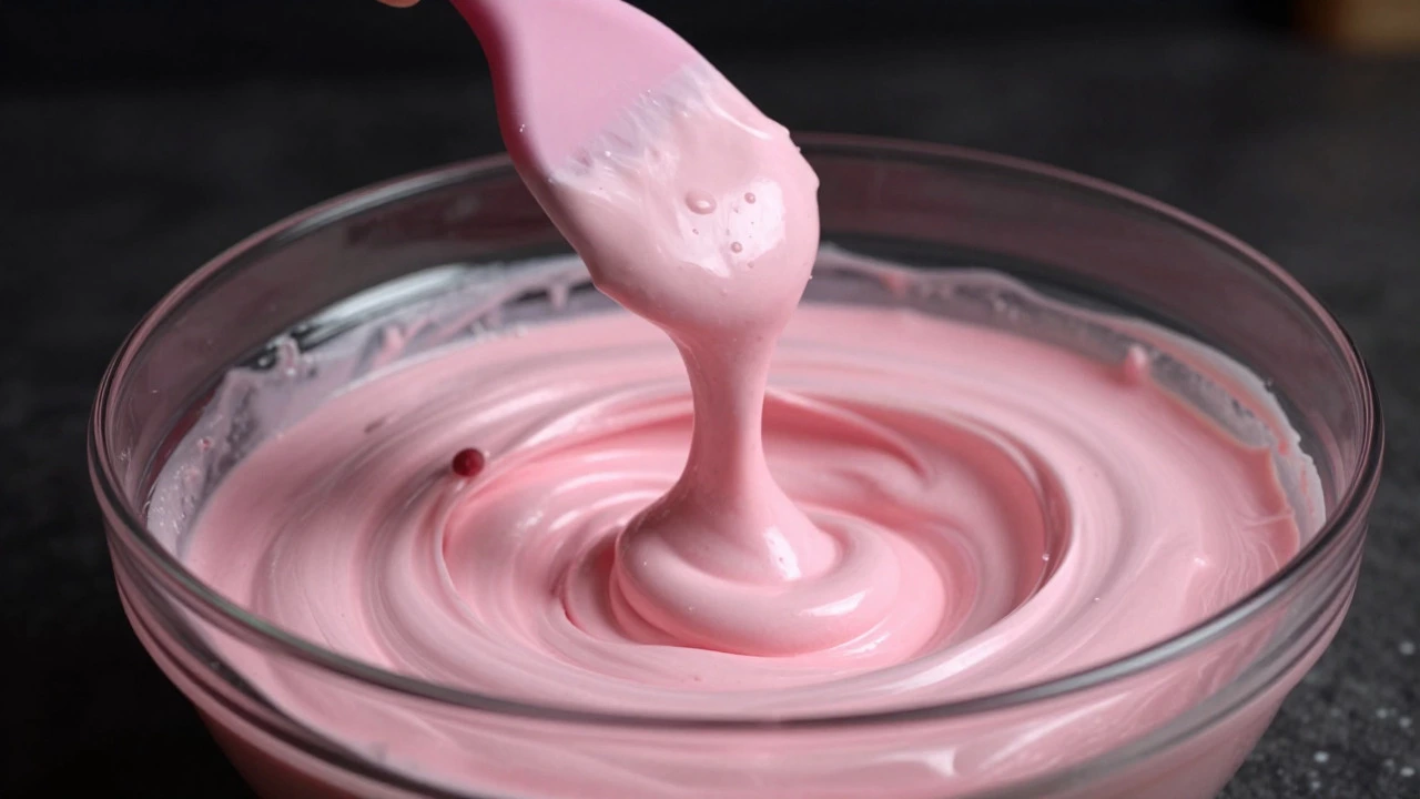 Thick, glossy macaron batter flowing like lava from a spatula