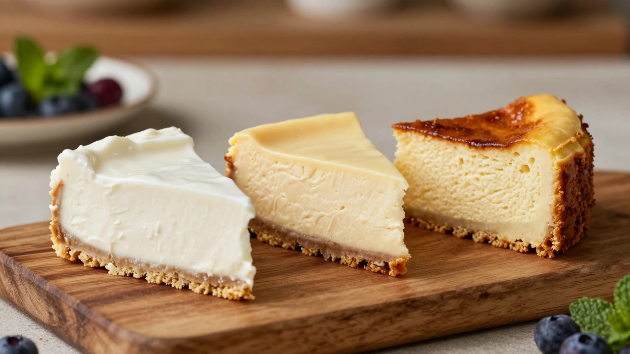 Three cheesecake slices showing different textures resulting from various cream substitutes