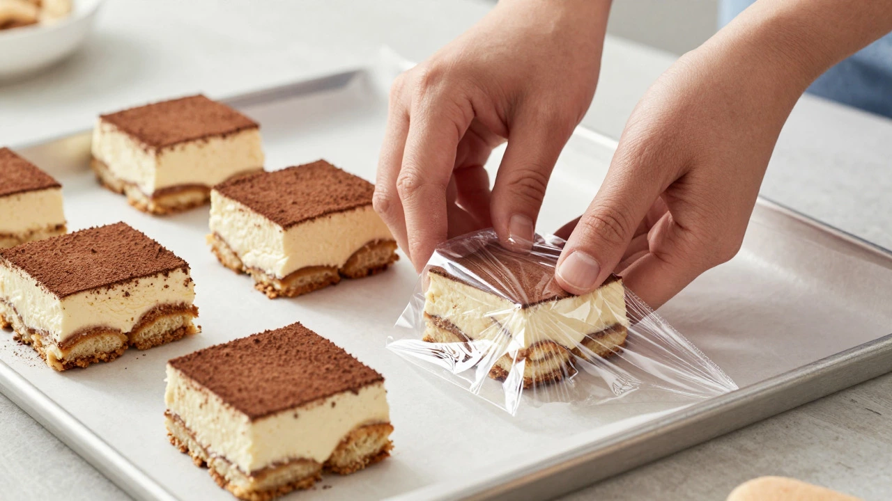 Tiramisu slices arranged on parchment paper ready for wrapping and freezing