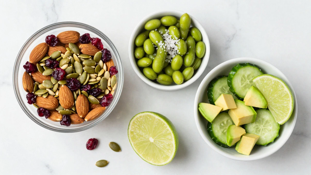 Trail mix, edamame, and avocado cucumber slices displayed on a marble surface