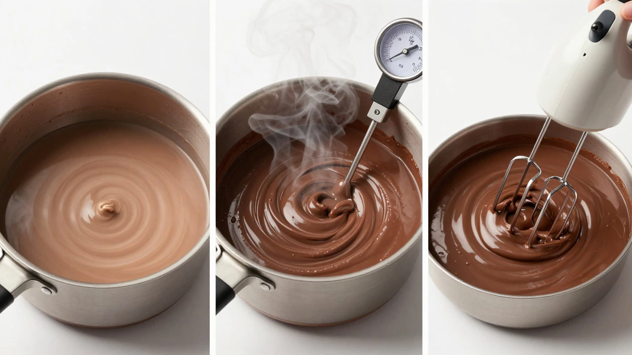 Triptych showing the dissolving, boiling, and beating stages of making fudge
