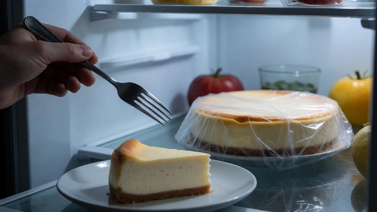 A cheesecake wrapped in plastic inside a refrigerator alongside a hesitant diner.