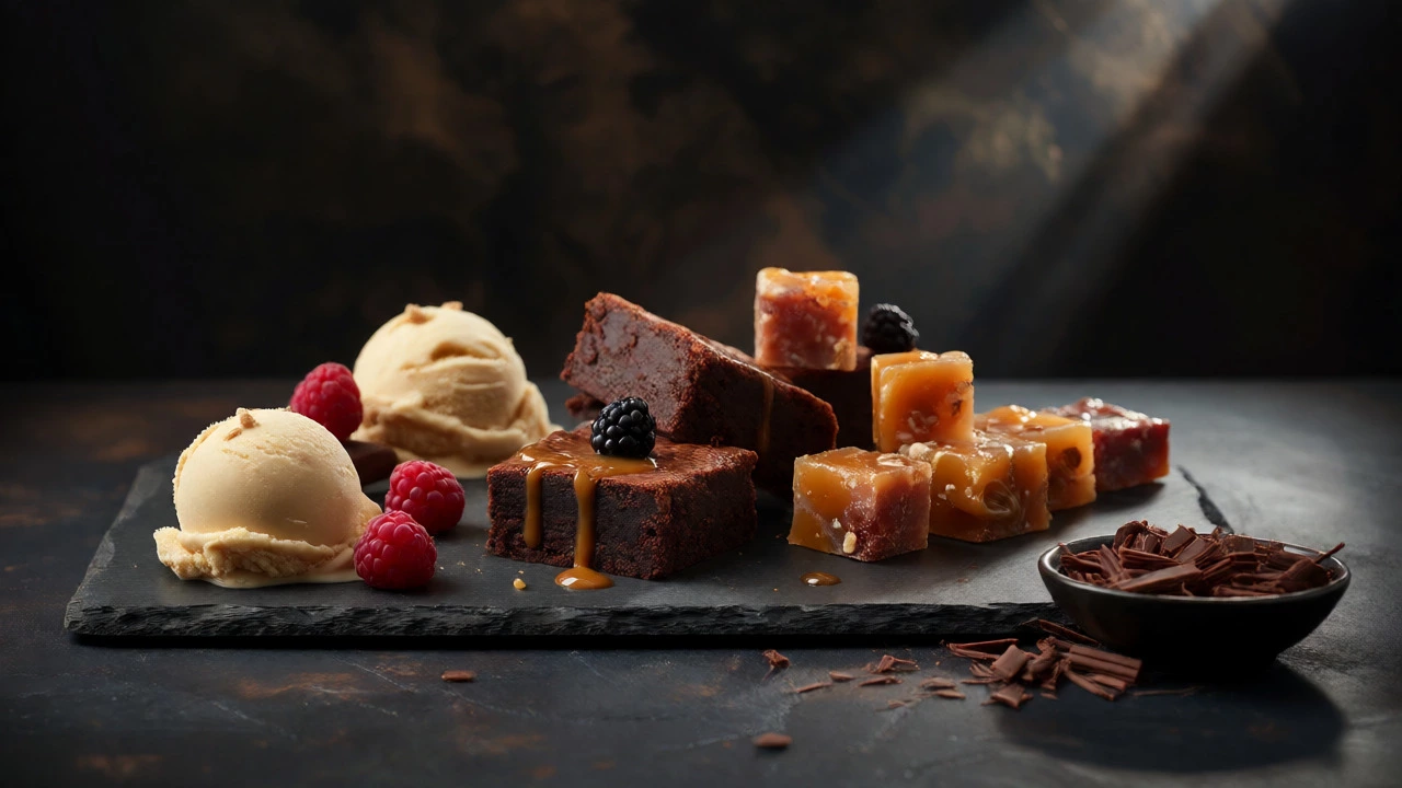 Assorted vegan desserts including ice cream, brownies, and fruit chews on a slate platter.