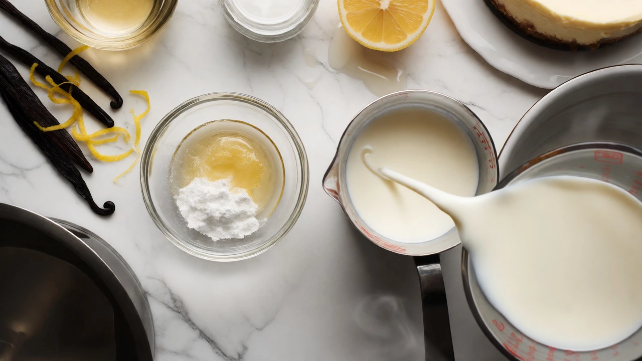 Baking ingredients including gelatin and cream for eggless cheesecake