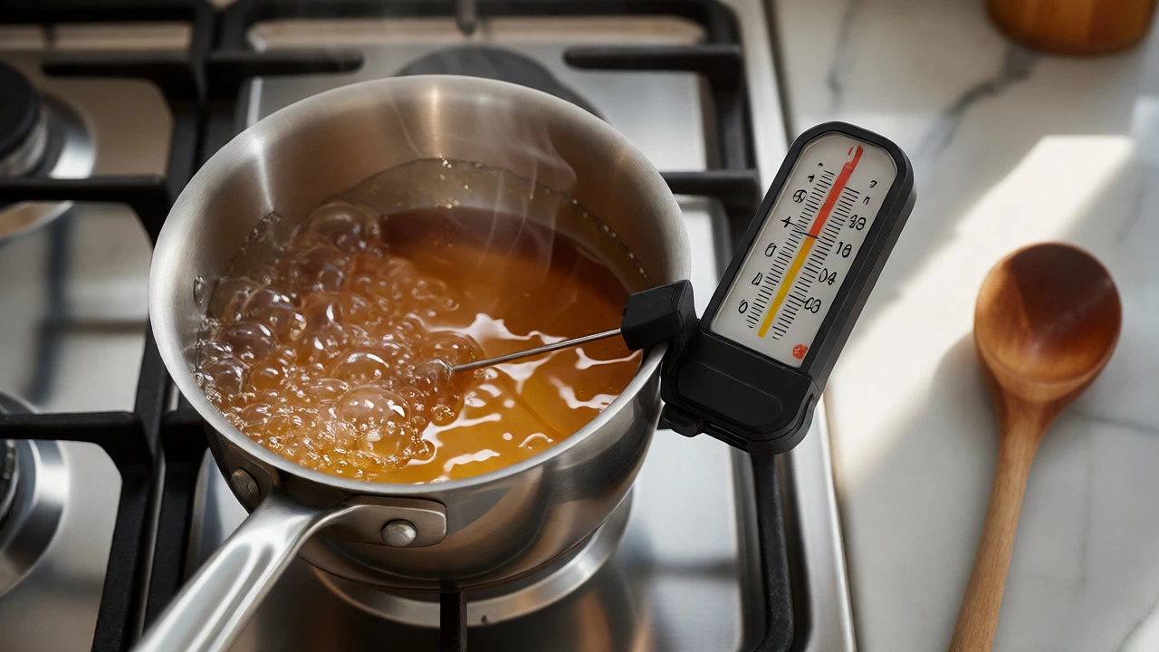 Candy thermometer measuring boiling sugar mixture in a stainless steel pan.
