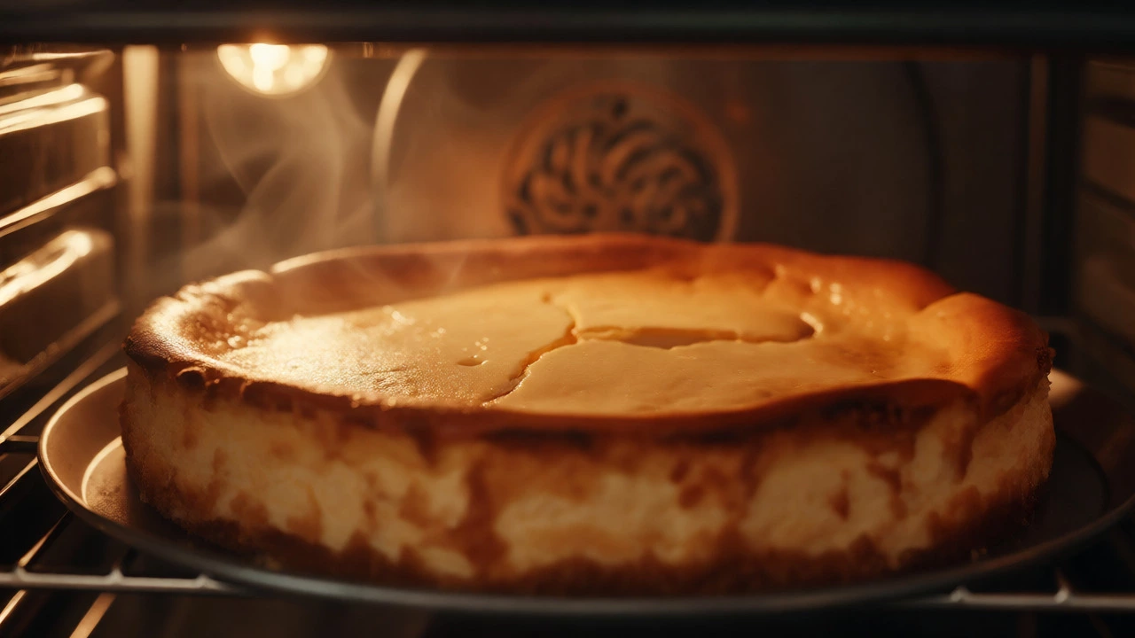 Cheesecake cooling in oven with steam rising