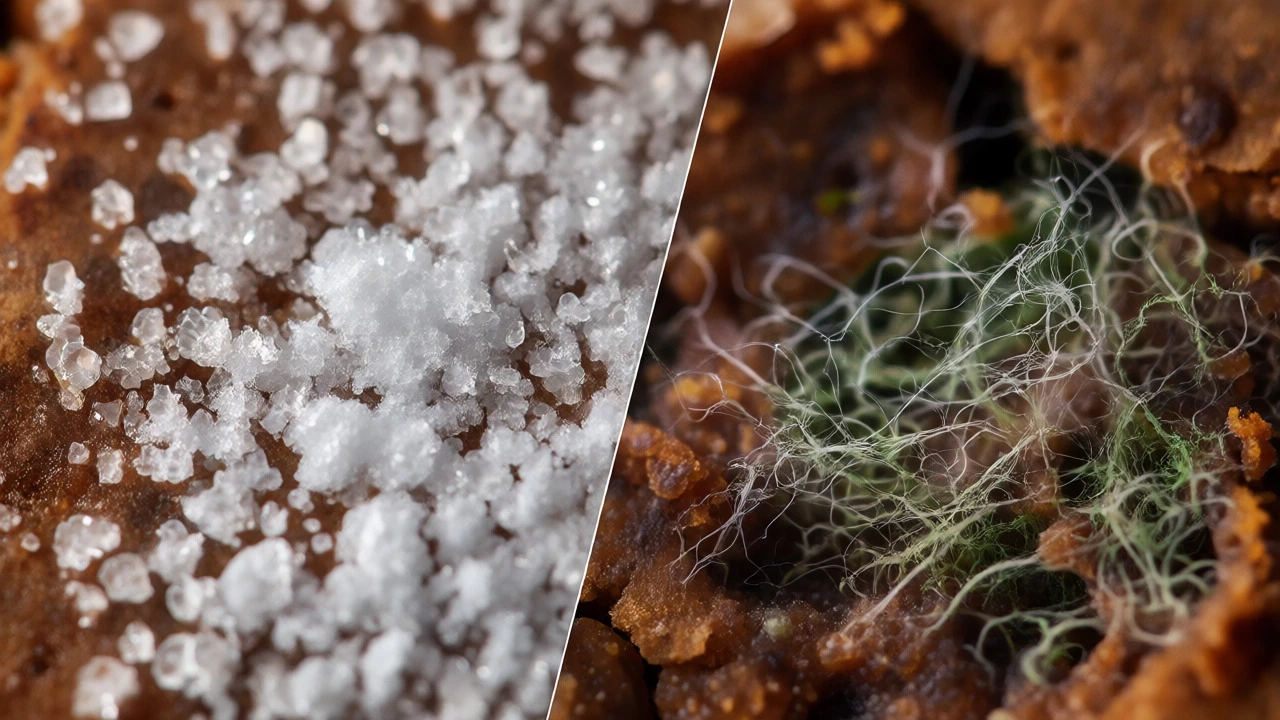 Close-up comparing sugar bloom and mold on a brownie surface