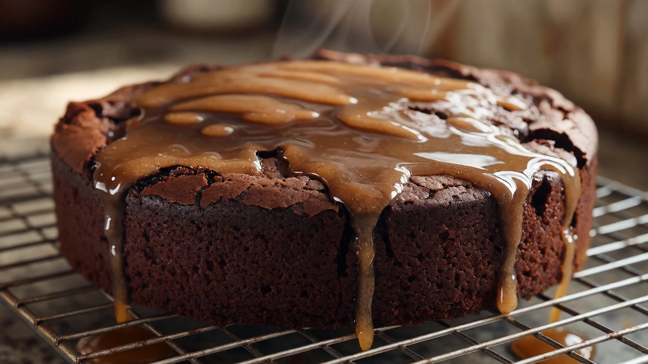 Close-up of a gooey, dense chocolate cake with sugar glaze