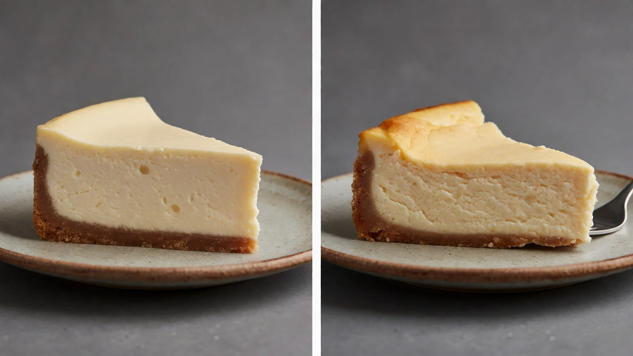 Comparison of firm cheesecake slice versus dense eggless slice
